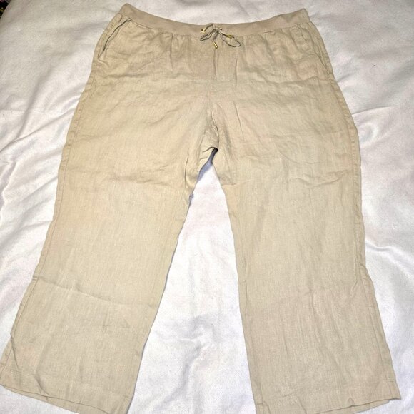 Ellen Tracy Beige 100% Linen Elastic Waist Cropped Pants Drawstring Relaxed Fit‎ - Picture 1 of 11